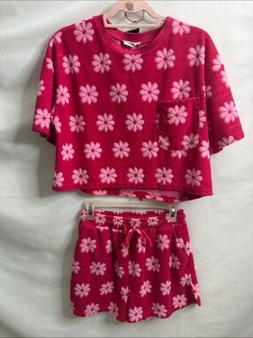 Girls Hot Pink Floral Short Sleeve Pajama Set with Pocket